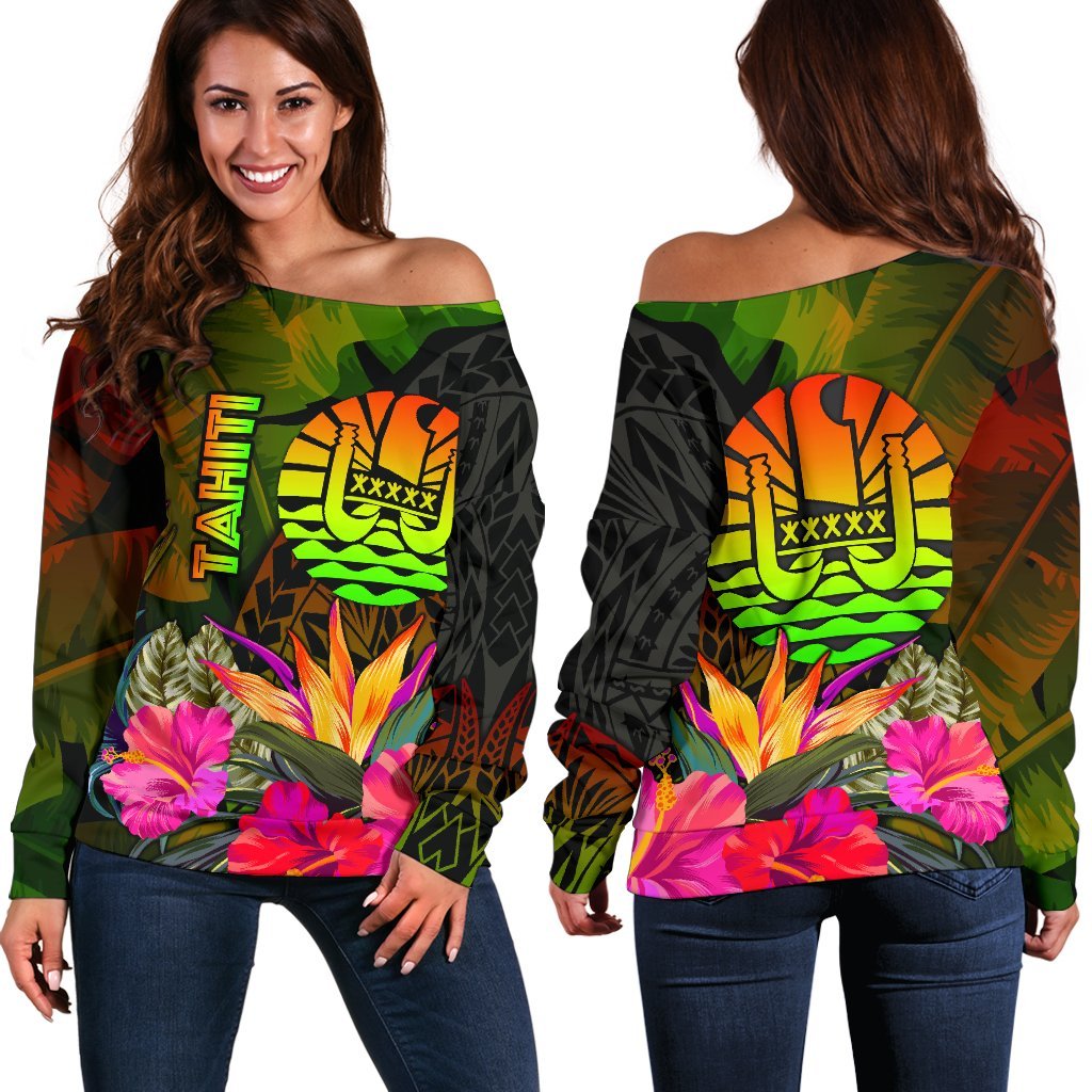 Tahiti Polynesian Women's Off Shoulder Sweater - Hibiscus and Banana Leaves Art - Polynesian Pride