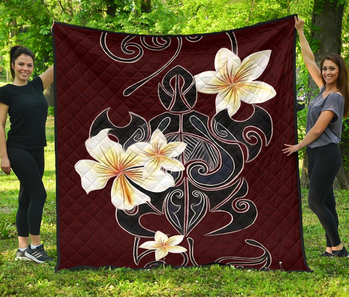 Turtle Poly Tribal Plumeria Red Premium Quilt Red - Polynesian Pride