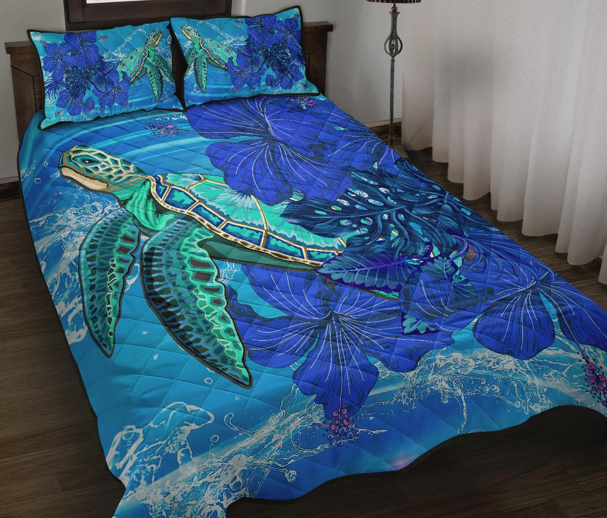 Hawaii Turtle Hibiscus Ocean Quilt Bed Set - Lingi Style - AH Blue - Polynesian Pride