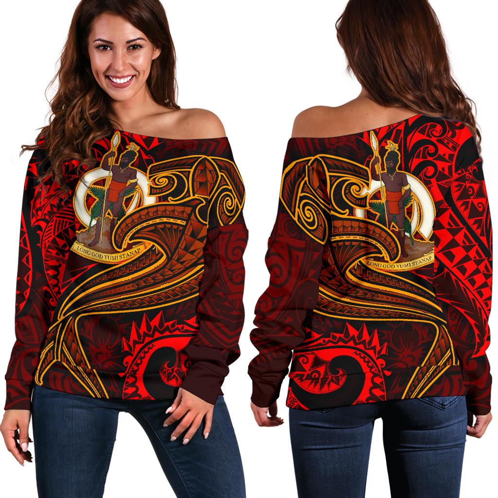 Vanuatu Polynesian Women's Off Shoulder Sweater - Red Shark Polynesian Tattoo Red - Polynesian Pride