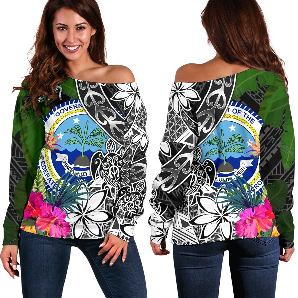 Federated States of Micronesia Off Shoulder Sweater - Turtle Plumeria Banana Leaf Black - Polynesian Pride