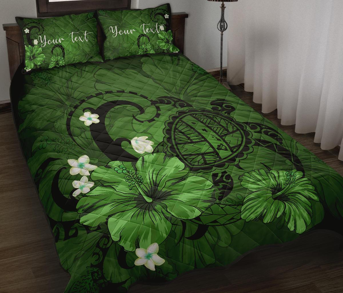 Personalized - Hawaii Map Turtle Hibiscus Plumeria Polynesian Quilt Bed Set - Green - Polynesian Pride