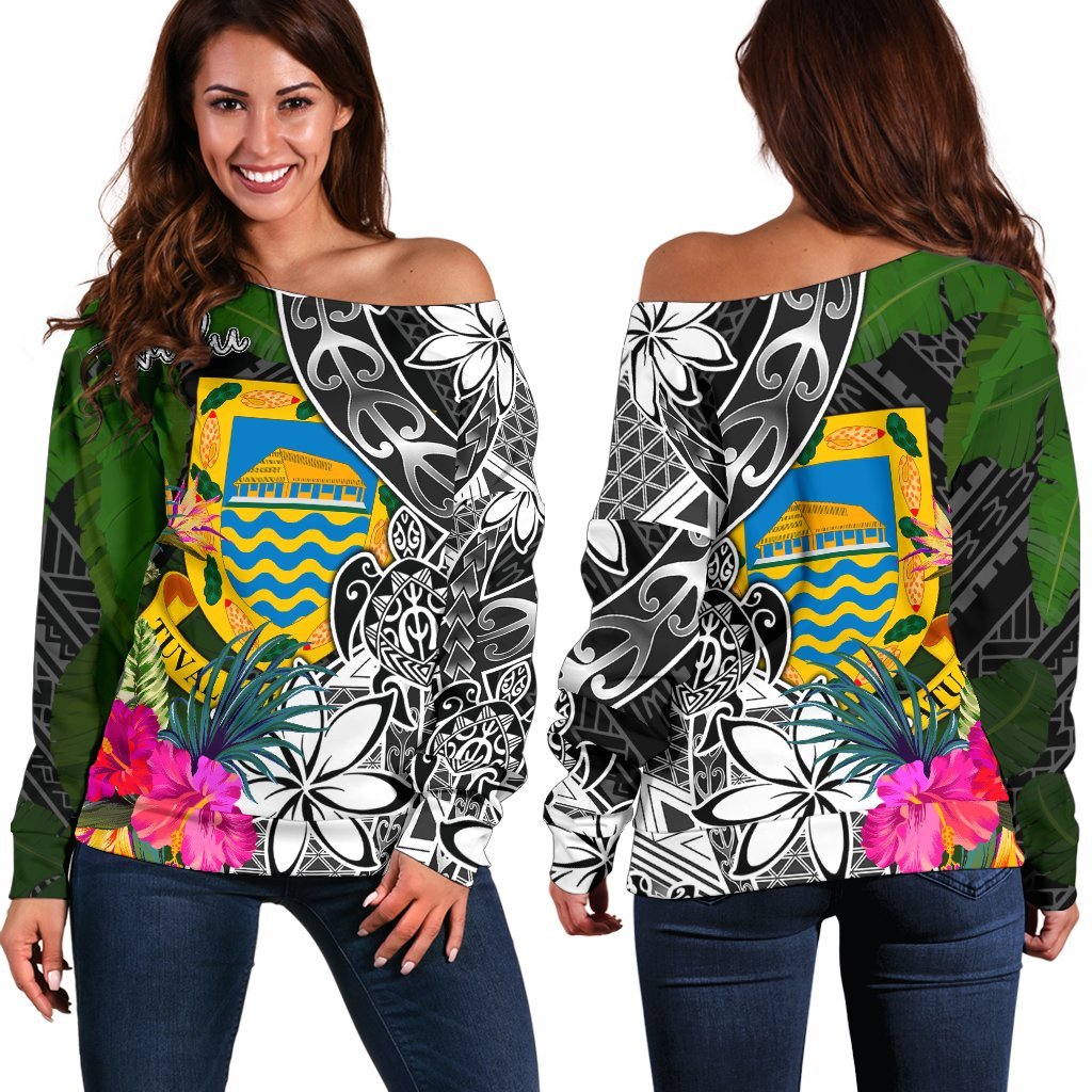 Tuvalu Off Shoulder Sweater - Turtle Plumeria Banana Leaf Black - Polynesian Pride