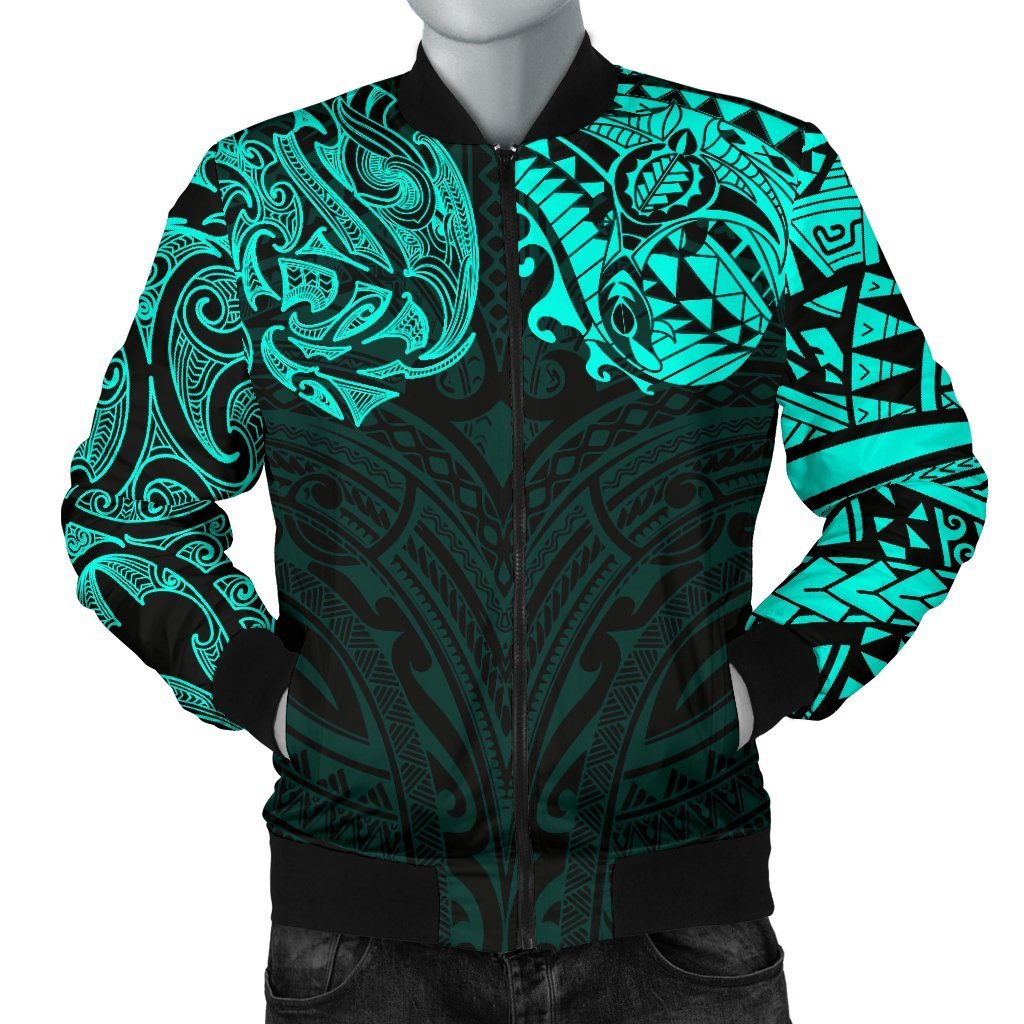 New Zealand Men's Bomber Jacket, Maori Polynesian Tattoo Turquoise Turquoise - Polynesian Pride