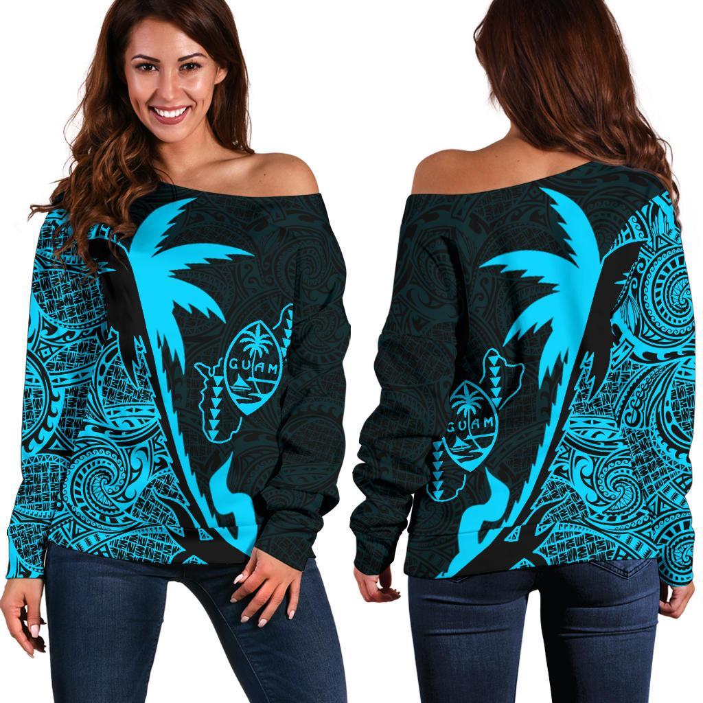 Guam Coconut Tree Off Shoulder Sweater Blue K4 Blue - Polynesian Pride