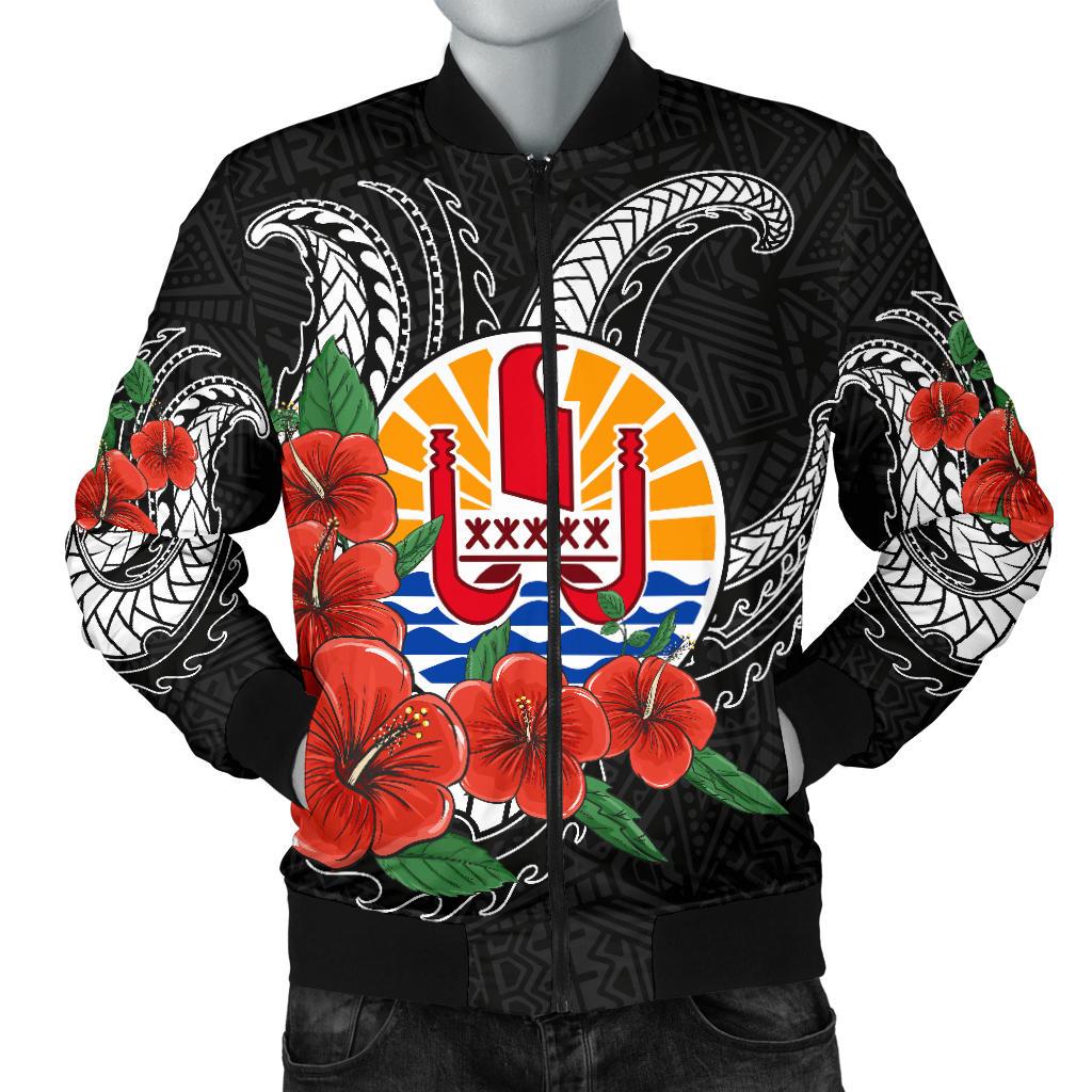 Tahiti Polynesian Men Bomber Jacket - Hibiscus Coat of Arm Black - Polynesian Pride