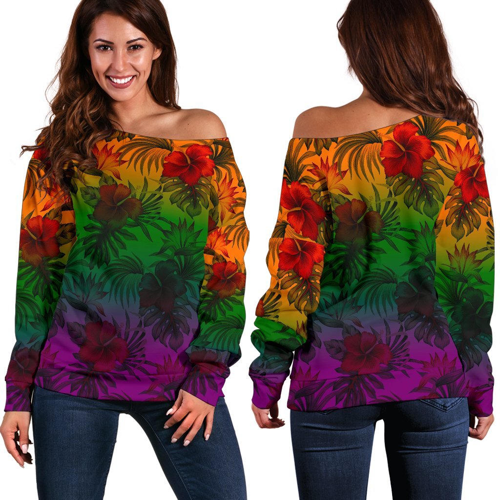 Polynesian Women's Off Shoulder Sweater - Green Hibiscus Patterns Red - Polynesian Pride