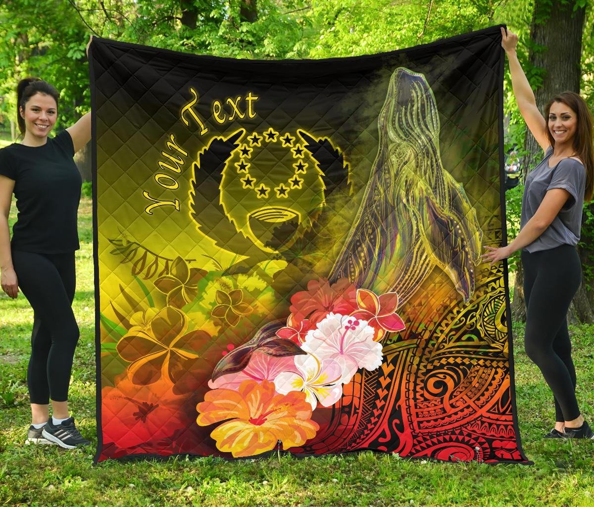 Pohnpei Custom Personalised Premium Quilt - Humpback Whale with Tropical Flowers (Yellow) Yellow - Polynesian Pride