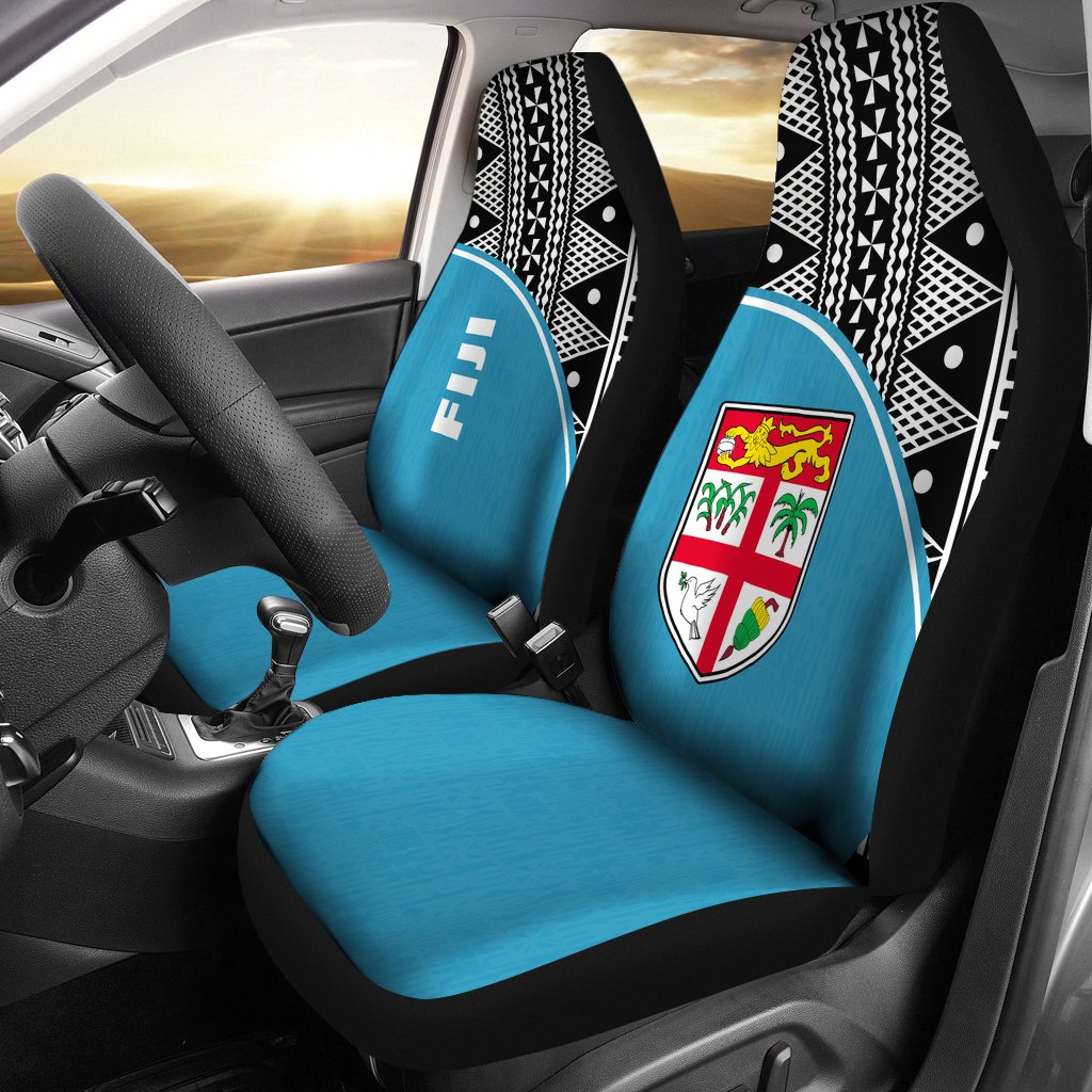 Fiji Tapa Car Seat Covers - Fiji Flag Polynesian White Curve Blue Universal Fit Blue - Polynesian Pride