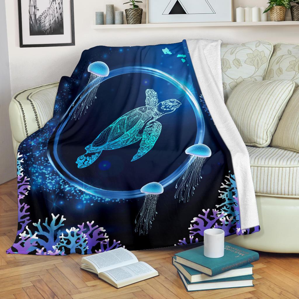 Hawaii Tutle Jellyfish Coral Galaxy Premium Blanket White - Polynesian Pride