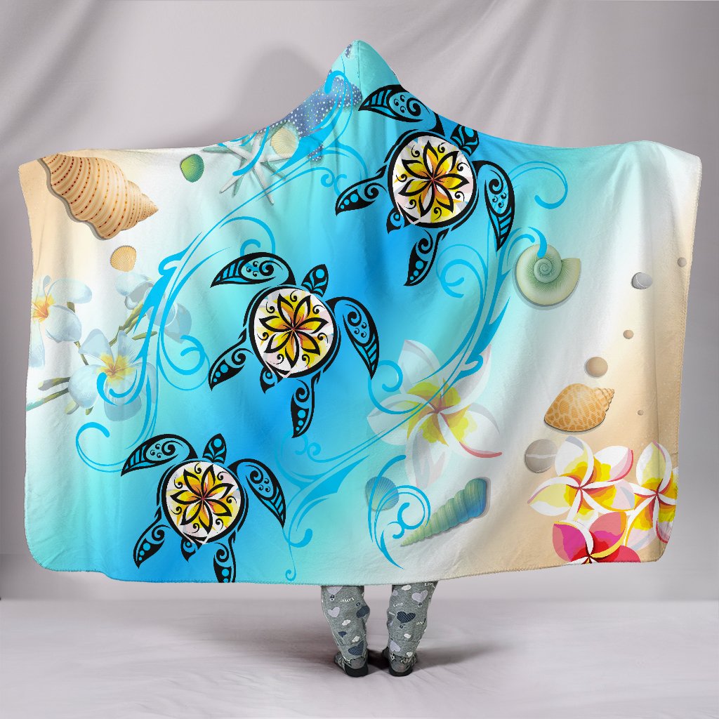 Hawaii Fresh Beach Turtle Plumeria Hooded Blanket - AH - Brian Style Hooded Blanket Blue - Polynesian Pride