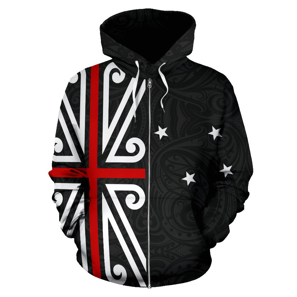 Maori New Zealand Flag Design Zip up Hoodie Unisex Black - Polynesian Pride