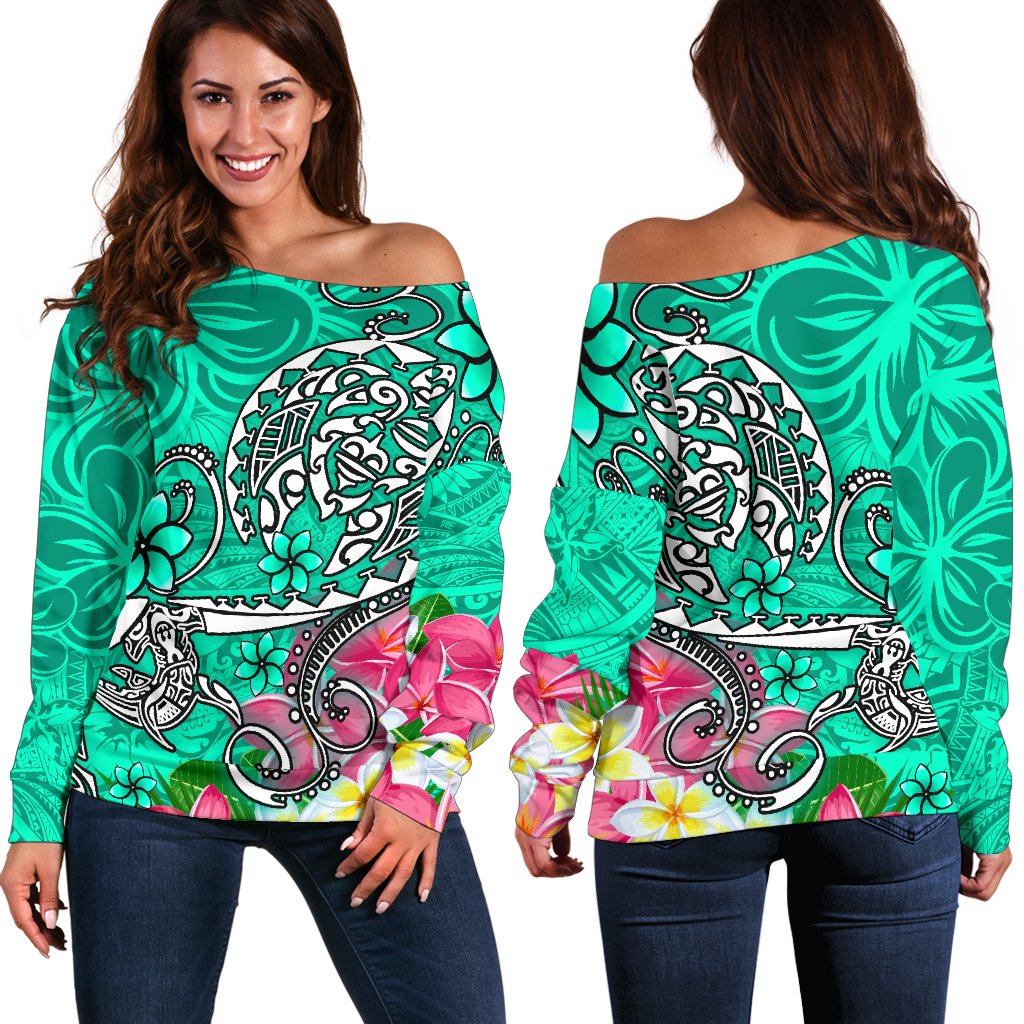 Polynesian Women's Off Shoulder Sweater - Turtle Plumeria Turquoise Color Turquoise - Polynesian Pride