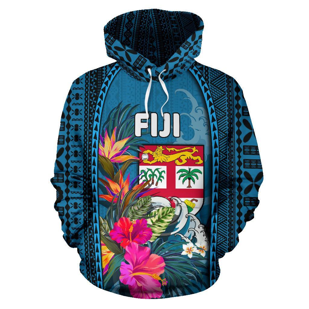 Fiji All Over Hoodie Coat of Arms Polynesian With Hibiscus and Waves Unisex Blue - Polynesian Pride