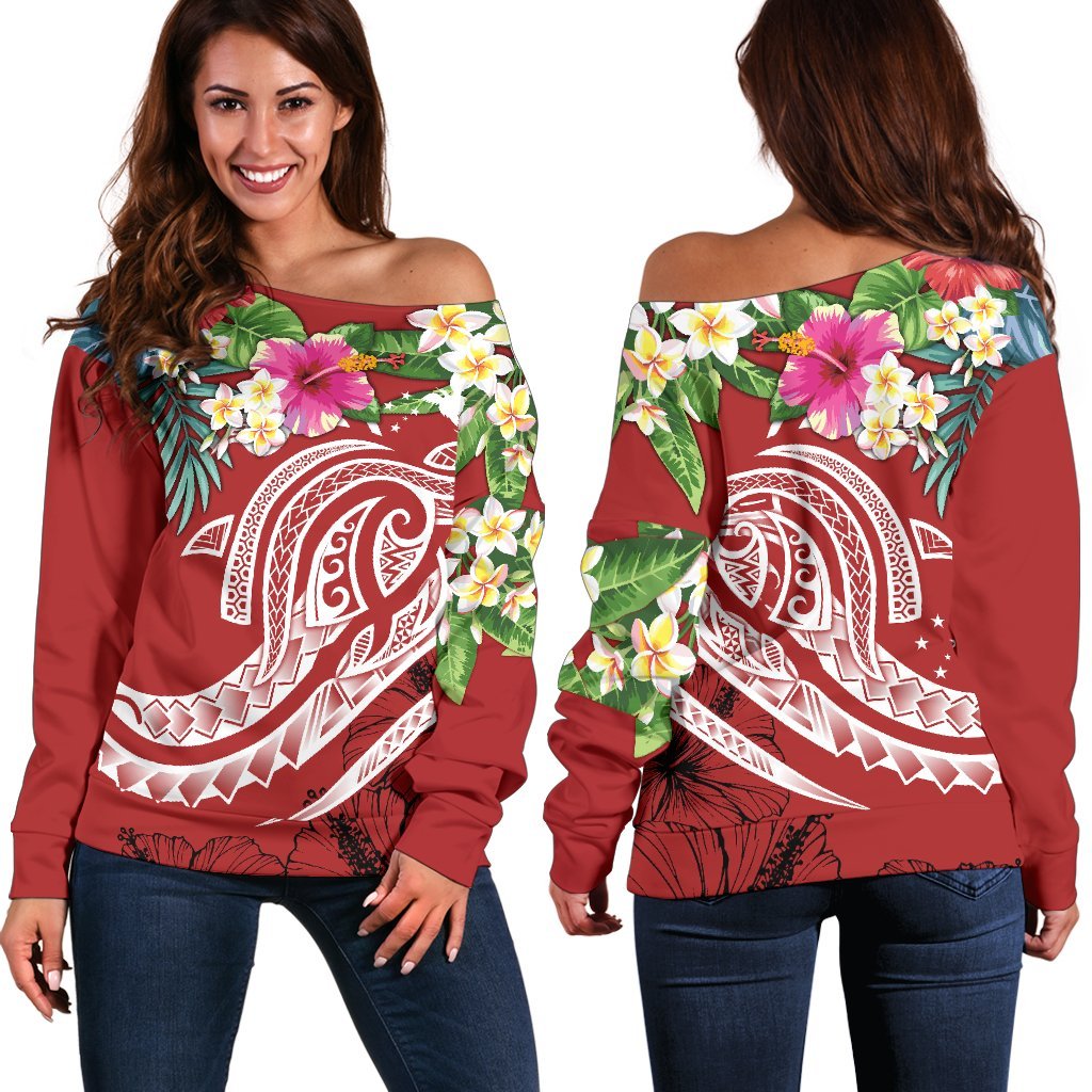 Papua New Guinea Polynesian Women's Off Shoulder Sweater - Summer Plumeria (Red) Red - Polynesian Pride