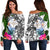 Marshall Islands Women's Off Shoulder Sweater White - Turtle Plumeria Banana Leaf Crest White - Polynesian Pride