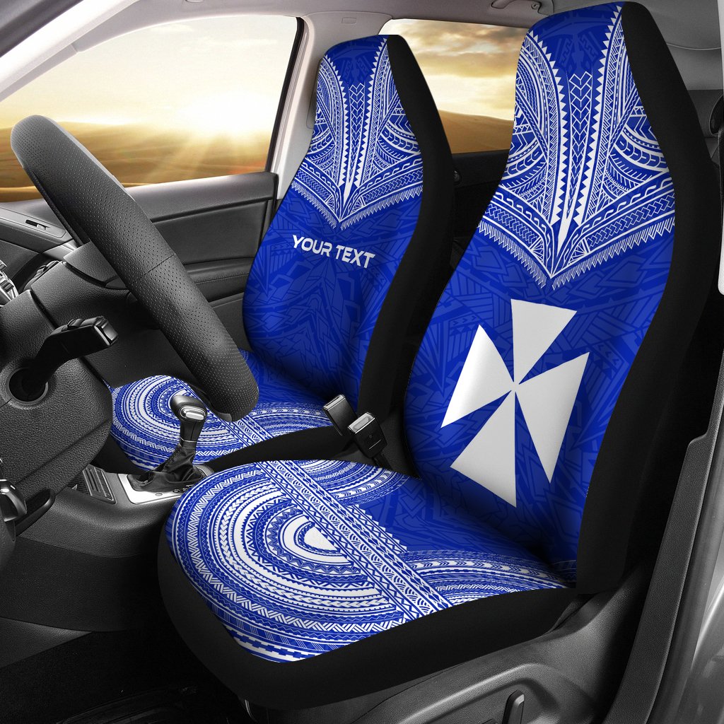 Wallis And Futuna Custom Personalised Car Seat Cover - Wallis And Futuna Coat Of Arms Polynesian Chief Tattoo Blue Version Universal Fit Blue - Polynesian Pride