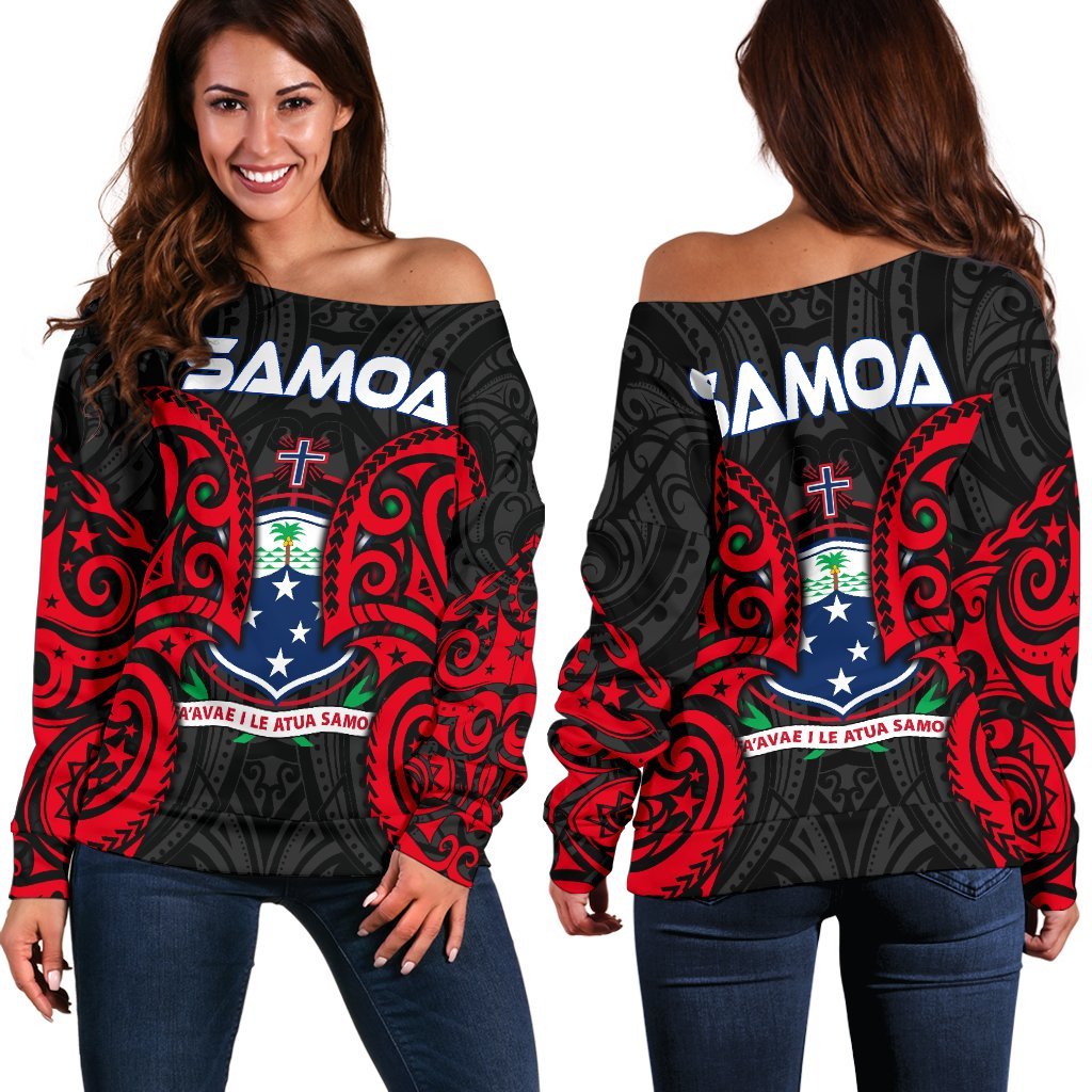 Samoa Polynesian Women's Off Shoulder Sweater - Samoan Spirit Black - Polynesian Pride