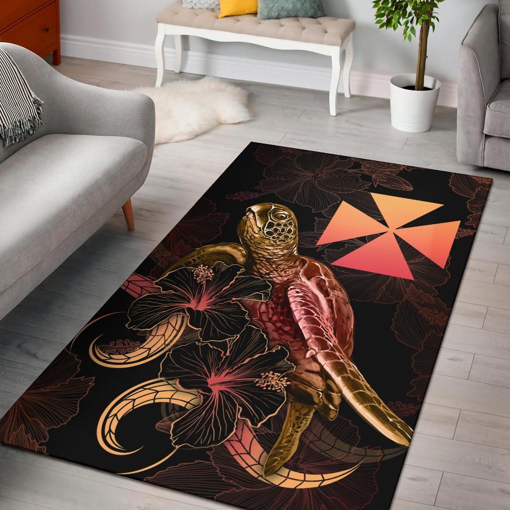 Wallis And Futuna Polynesian Area Rugs - Turtle With Blooming Hibiscus Gold Gold - Polynesian Pride