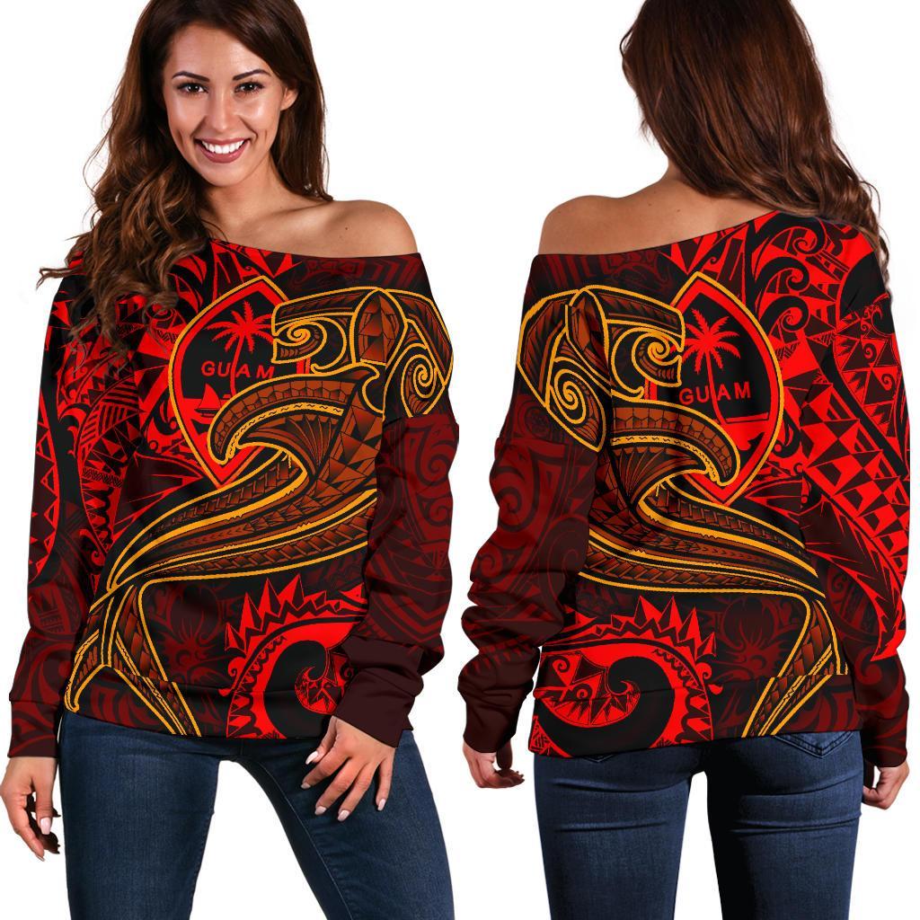 Guam Polynesian Women's Off Shoulder Sweater - Red Shark Polynesian Tattoo Red - Polynesian Pride