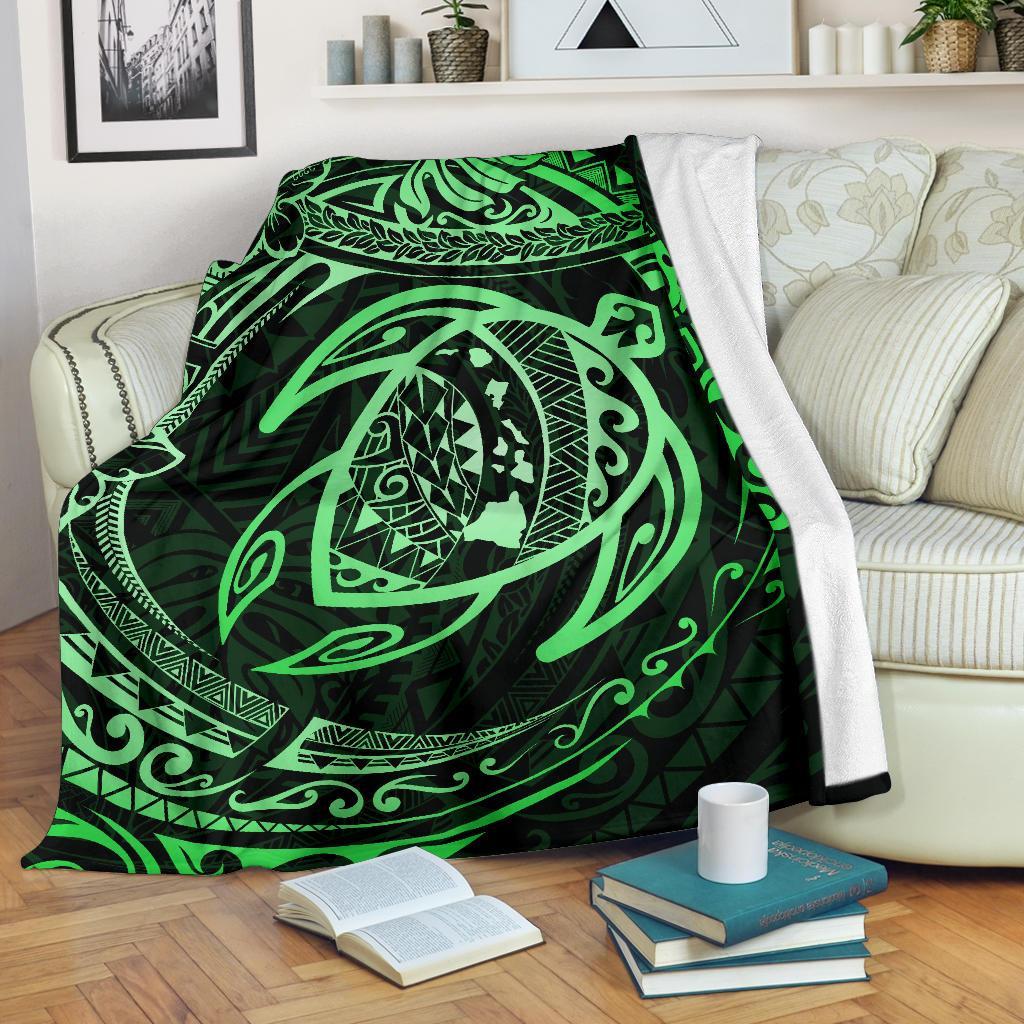 Hawaiian Turtle Polynesian Green Premium Blanket White - Polynesian Pride