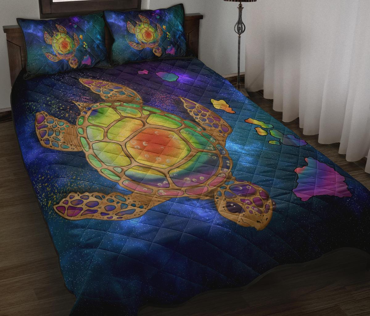 Hawaii Map Turtle Galaxy Quilt Bed Set - AH - Blue Blue - Polynesian Pride