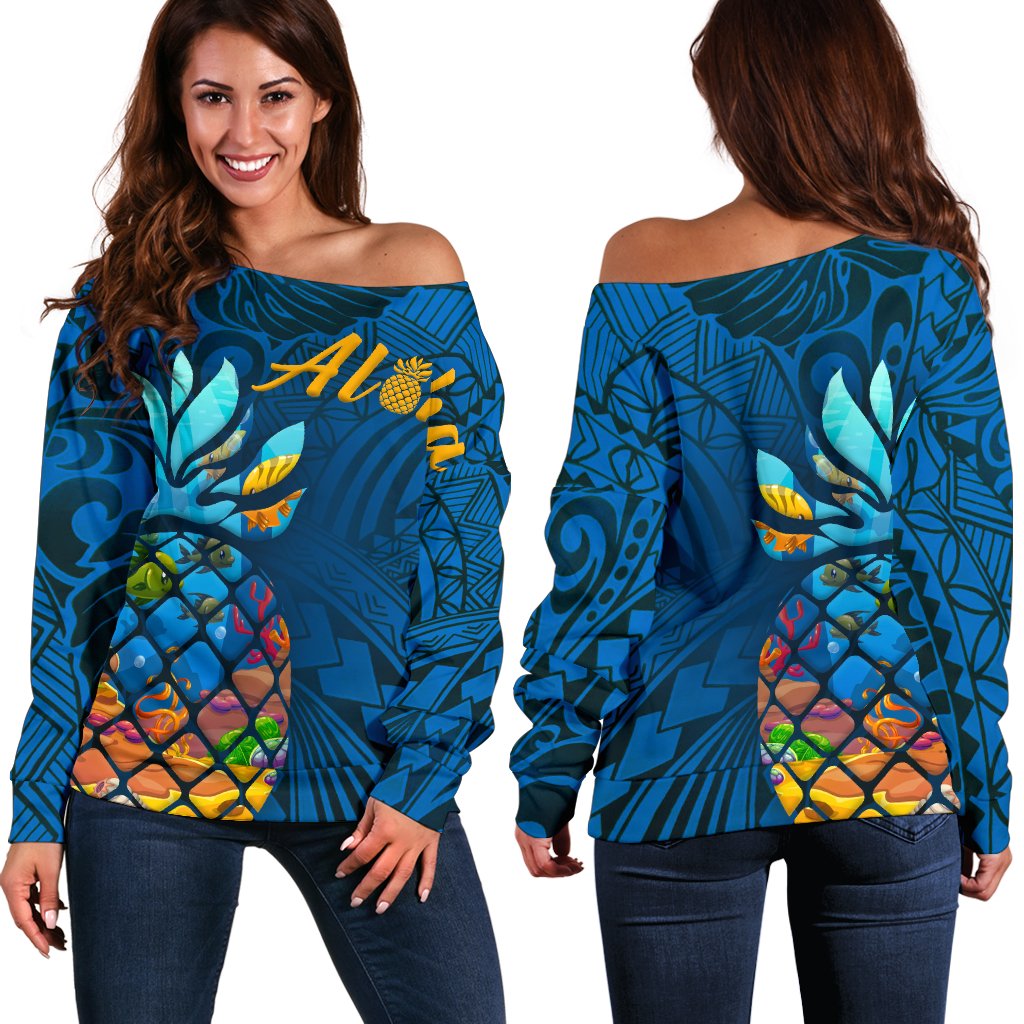 Hawaii Aloha Pineapple Women's Off Shoulder Sweater Blue - Polynesian Pride