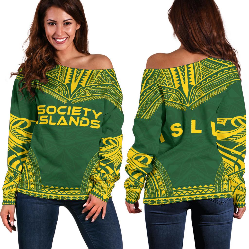 Society Islands Flag Polynesian Chief Women's Off Shoulder Sweater Green - Polynesian Pride