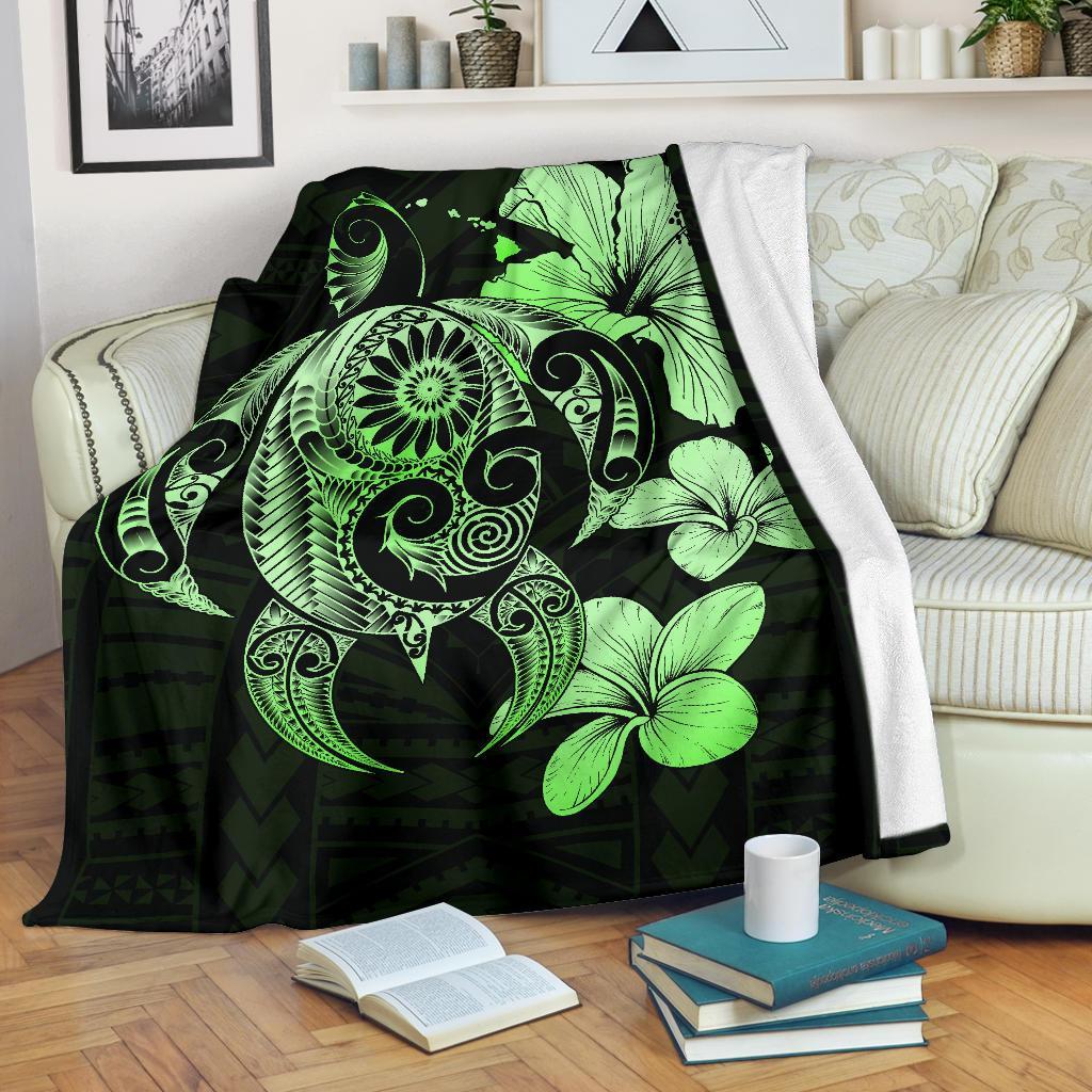 Hibiscus Plumeria Mix Polynesian Green Turtle Premium Blanket White - Polynesian Pride