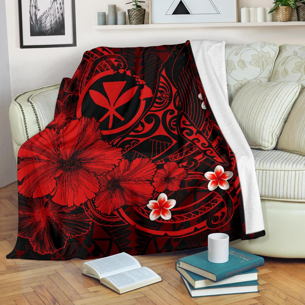 Polynesian Hawaii Kanaka Maoli Premium Blanket - Humpback Whale with Hibiscus (Red) White - Polynesian Pride