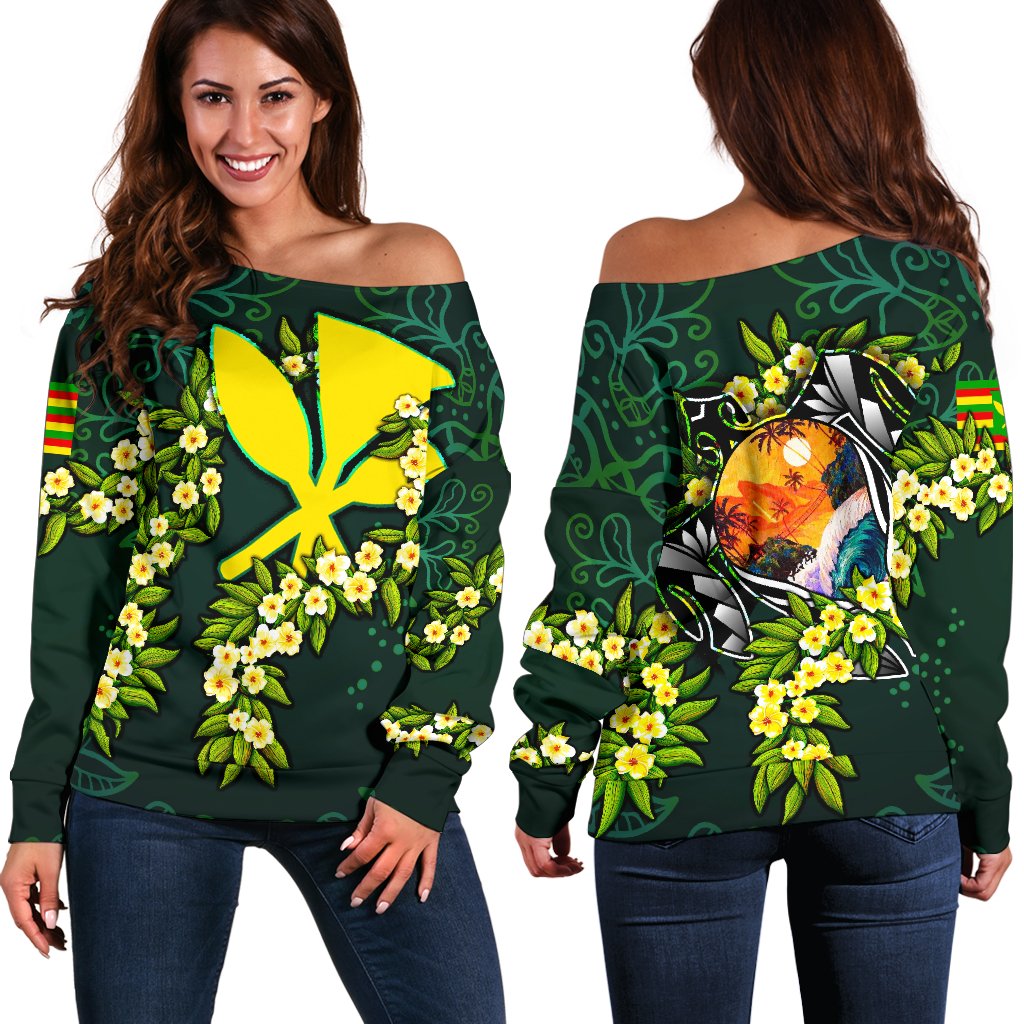 Polynesian Hawaii Off Shoulder Sweater - Ti Leaf Lei Turtle Green - Polynesian Pride