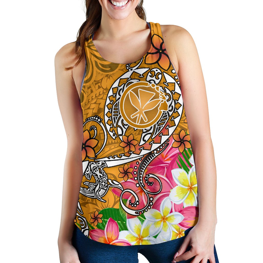 Hawaii Women's Racerback Tank - Turtle Plumeria Polynesian Tattoo Gold Color - Polynesian Pride