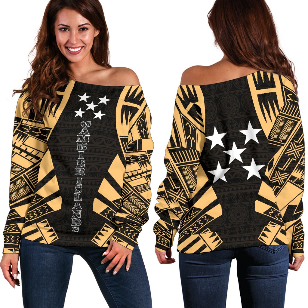 Gambier Islands Women's Off Shoulder Sweater - Polynesian Tattoo Gold Gold - Polynesian Pride