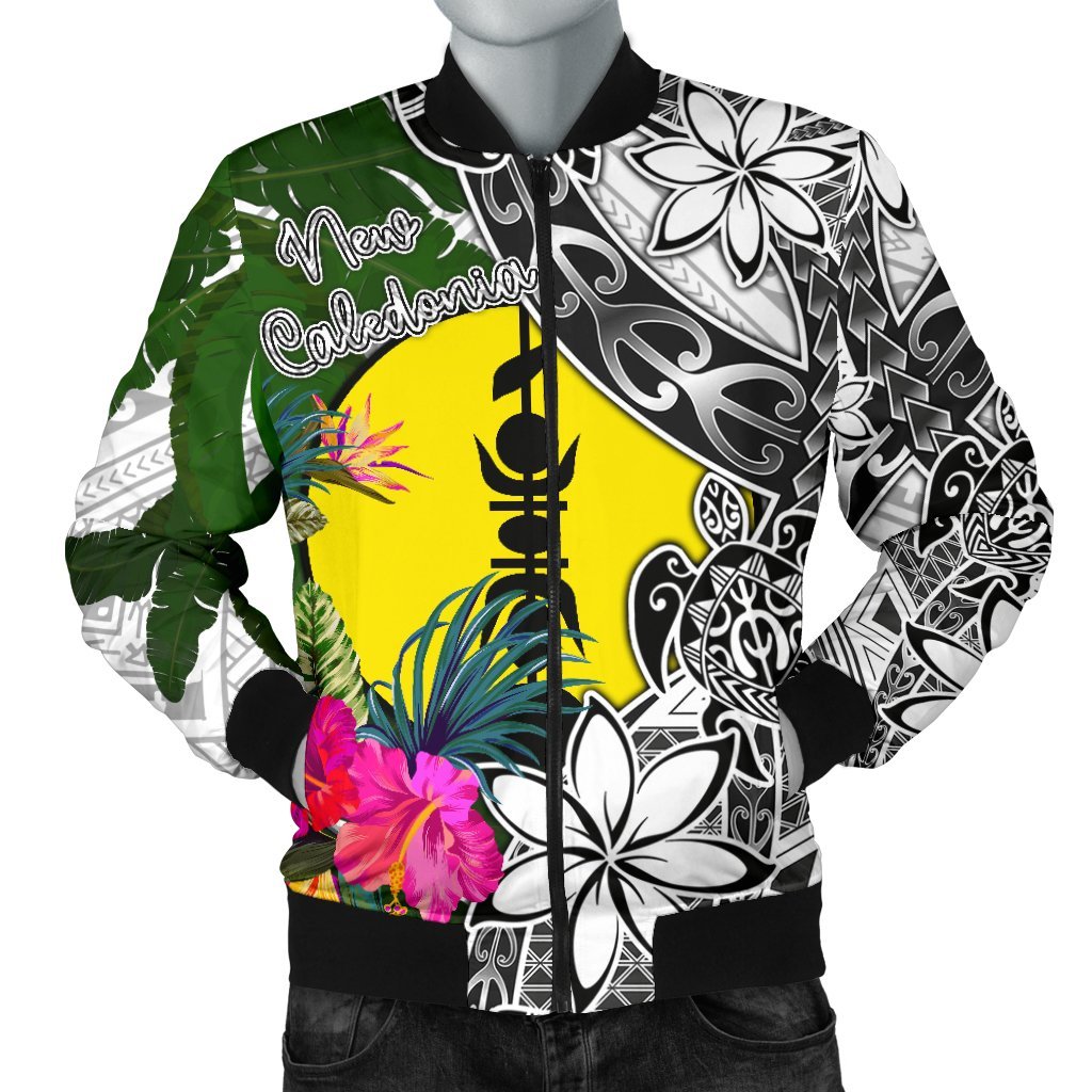 New Caledonia Men's Bomber Jacket White - Turtle Plumeria Banana Leaf White - Polynesian Pride