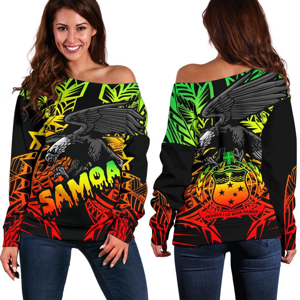 Samoa Polynesian Women's Off Shoulder Sweater - Eagle Tribal Pattern Reggae Art - Polynesian Pride
