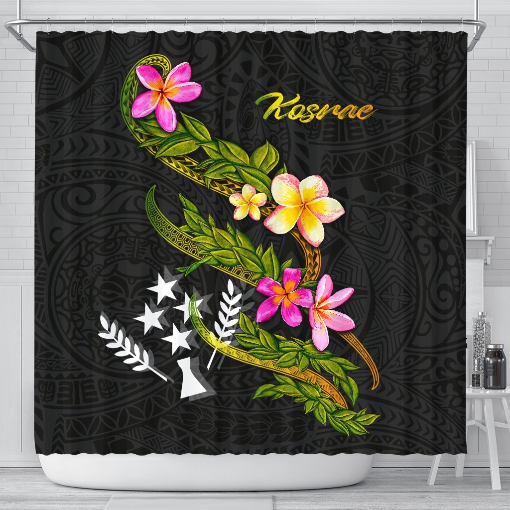 Kosrae Polynesian Shower Curtain - Plumeria Tribal 177 x 172 (cm) Black - Polynesian Pride