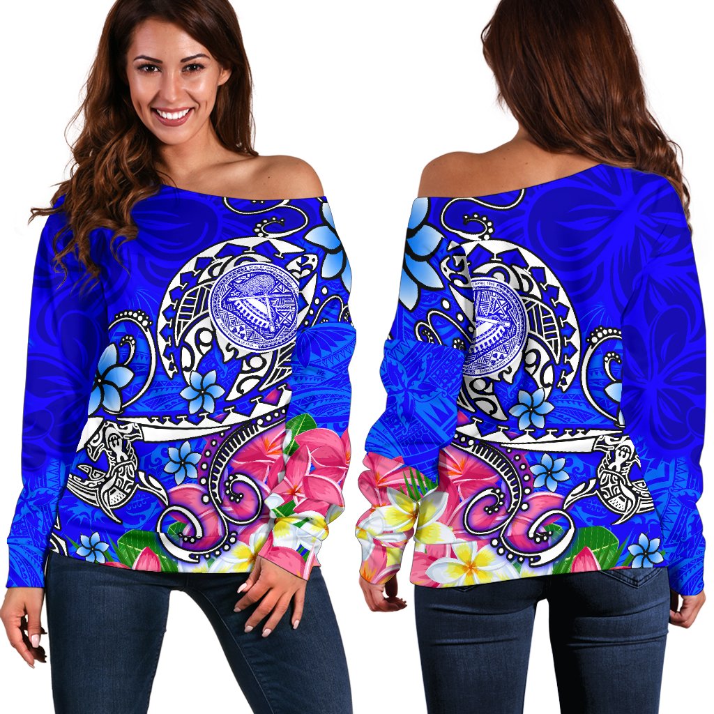 American Samoa Polynesian Women's Off Shoulder Sweater - Turtle Plumeria (Blue) Blue - Polynesian Pride