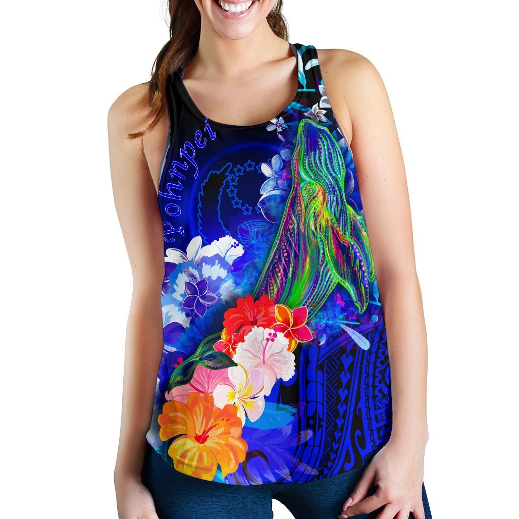 Pohnpei Women's Racerback Tank - Humpback Whale with Tropical Flowers (Blue) - Polynesian Pride