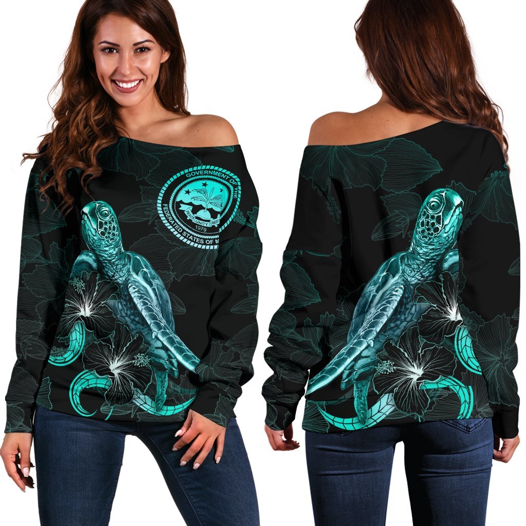 Federated States of Micronesia Polynesian Women's Off Shoulder Sweater - Turtle With Blooming Hibiscus Turquoise Turquoise - Polynesian Pride