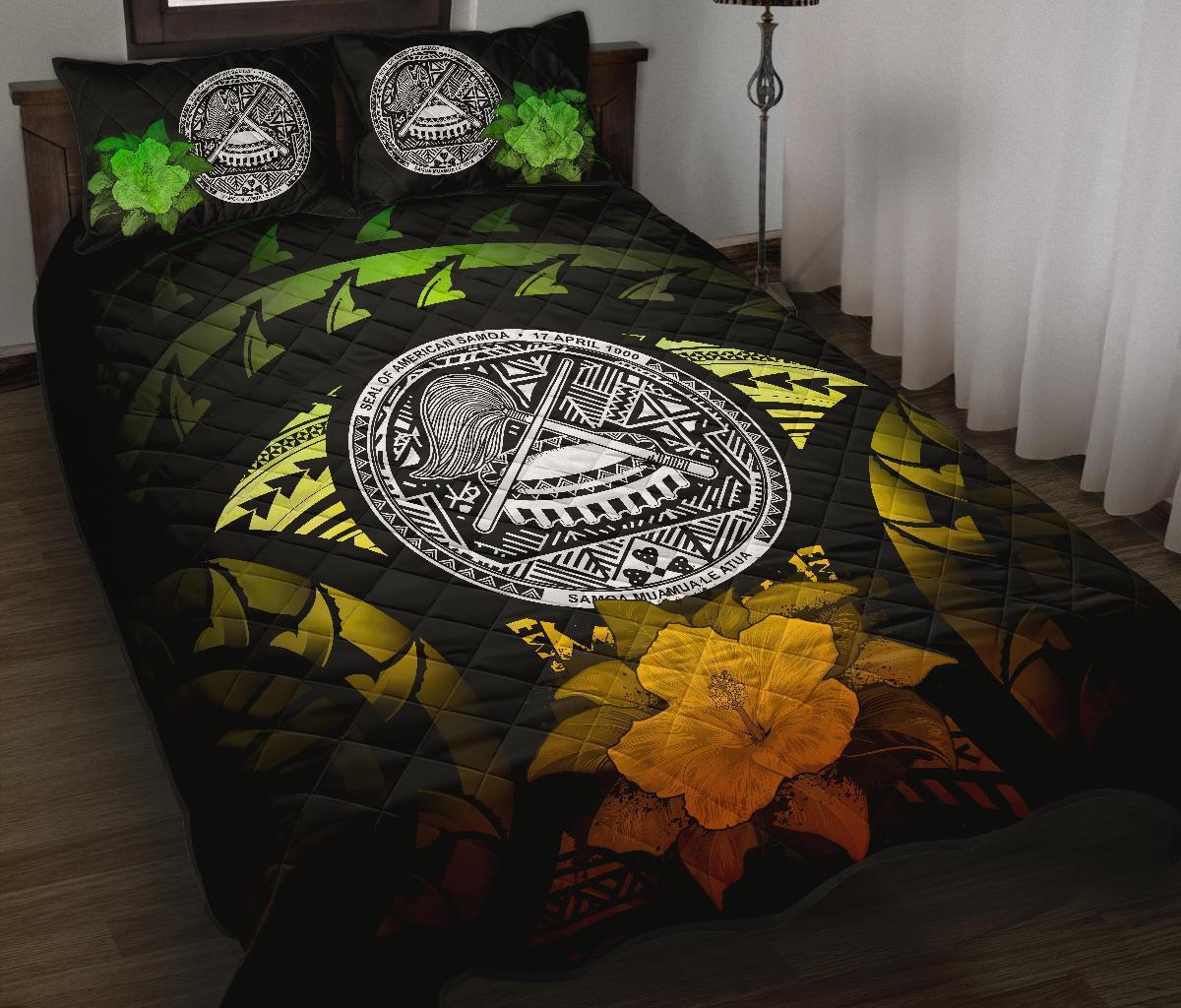 American Samoa Polynesian Quilt Bed Set Hibiscus Reggae Black - Polynesian Pride