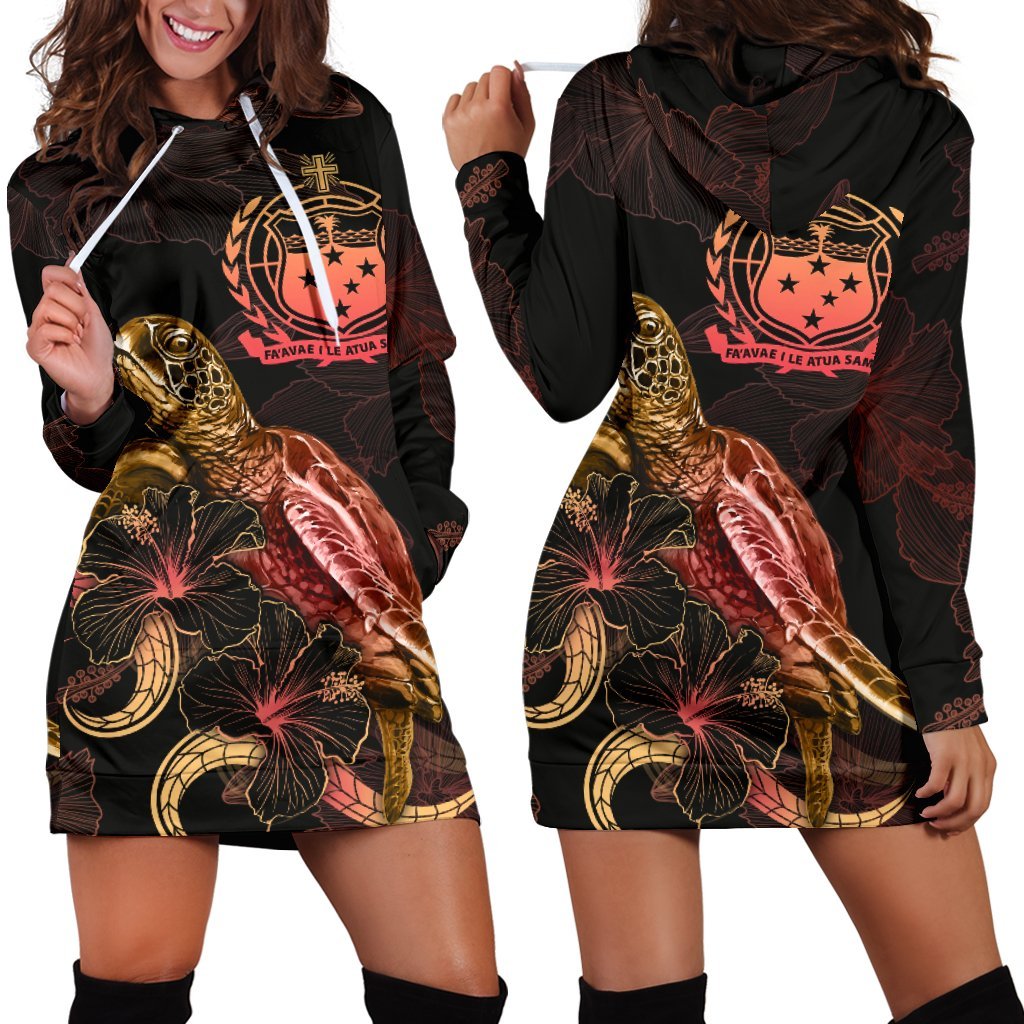 Samoa Polynesian Hoodie Dress - Turtle With Blooming Hibiscus Gold Gold - Polynesian Pride