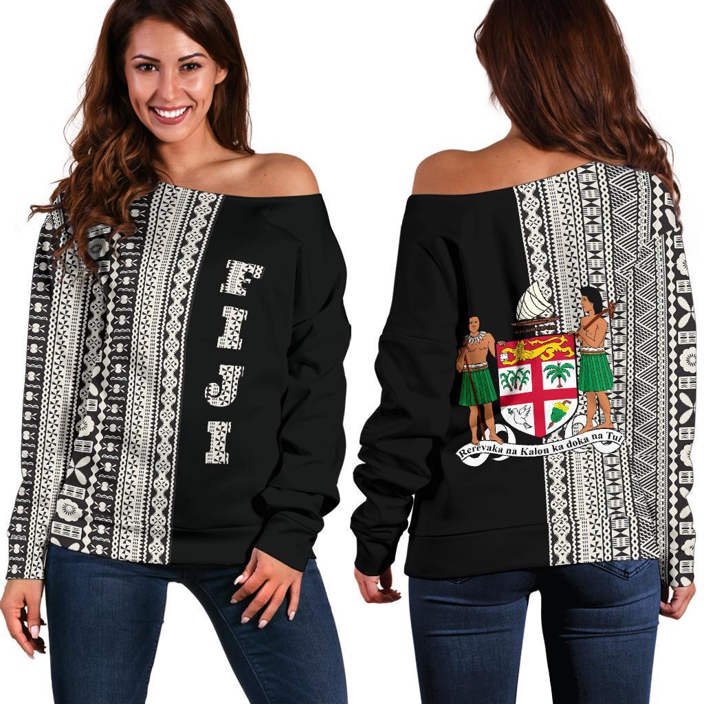 Fiji Women's Off Shoulder Sweater Tapa Half TH1 Black - Polynesian Pride