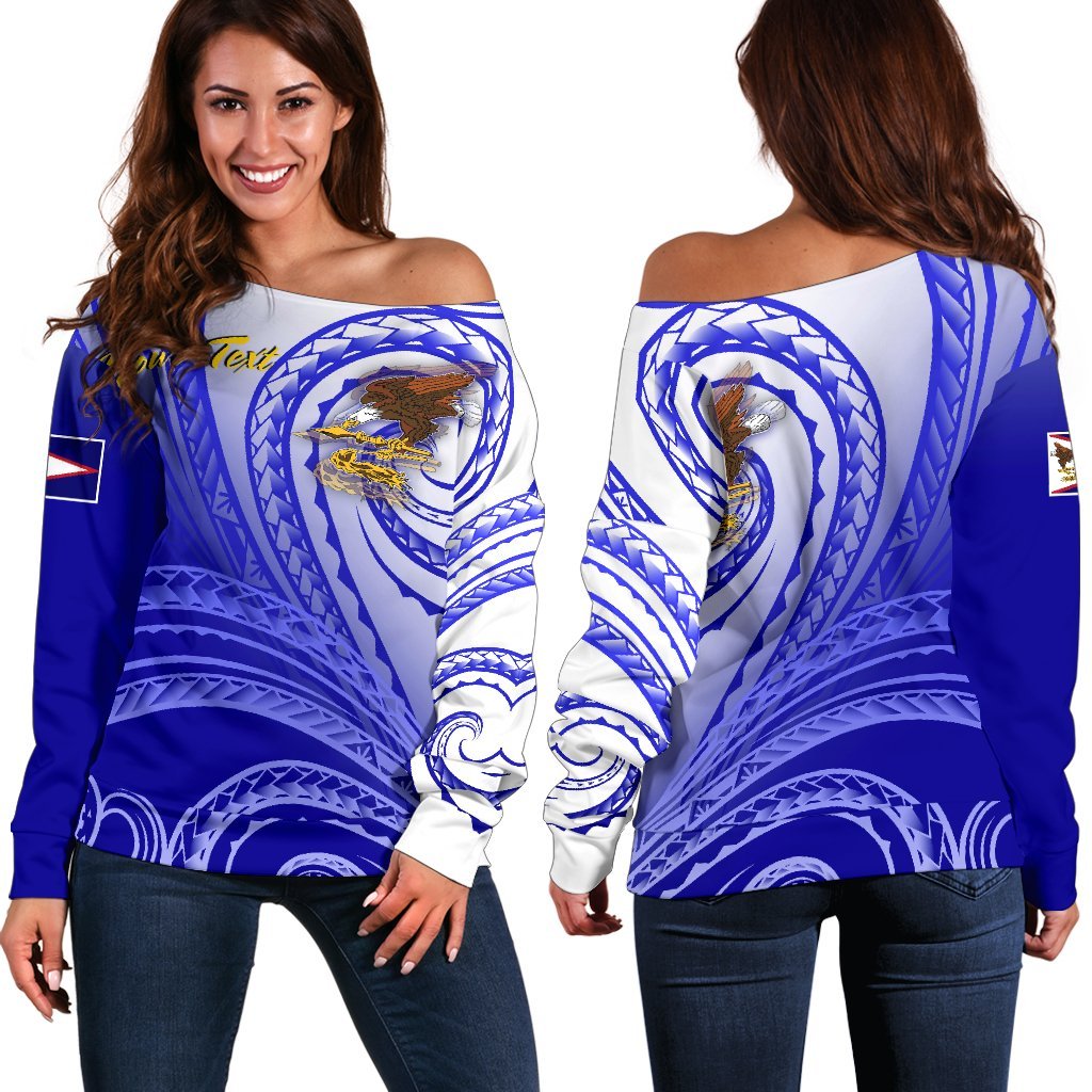 American Samoa Polynesian Custom Personalised Personalized Women's Off Shoulder Sweater - Bald Eagle (Blue) Blue - Polynesian Pride