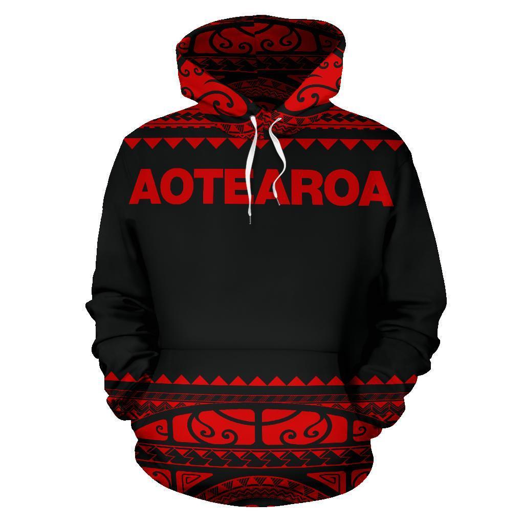 New Zealand Maori Hoodie, Aotearoa Silver Fern Pullover Hoodie Red Unisex Black - Polynesian Pride