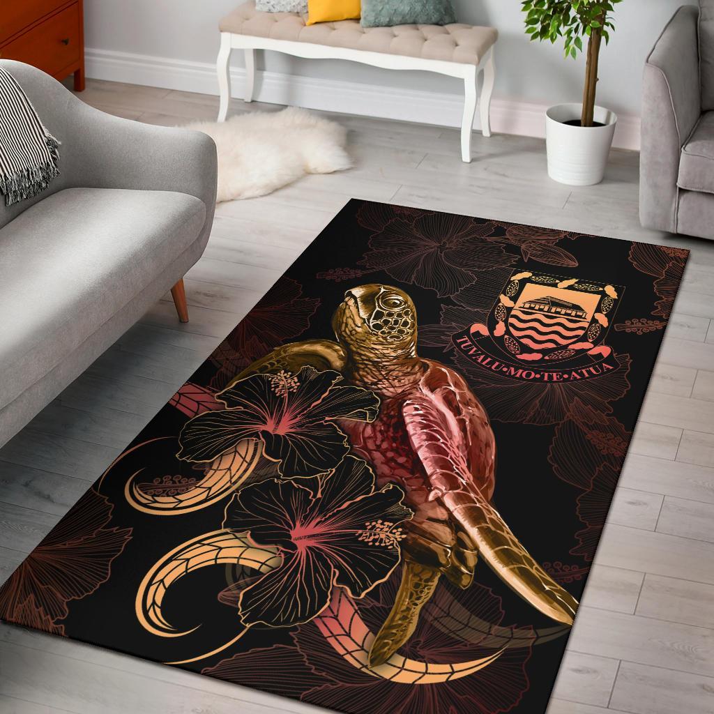 Tuvalu Polynesian Area Rugs - Turtle With Blooming Hibiscus Gold Gold - Polynesian Pride