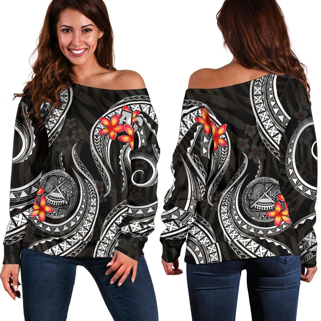 American Samoa Polynesian Off Shoulder Sweater - Black Plumeria BLACK - Polynesian Pride