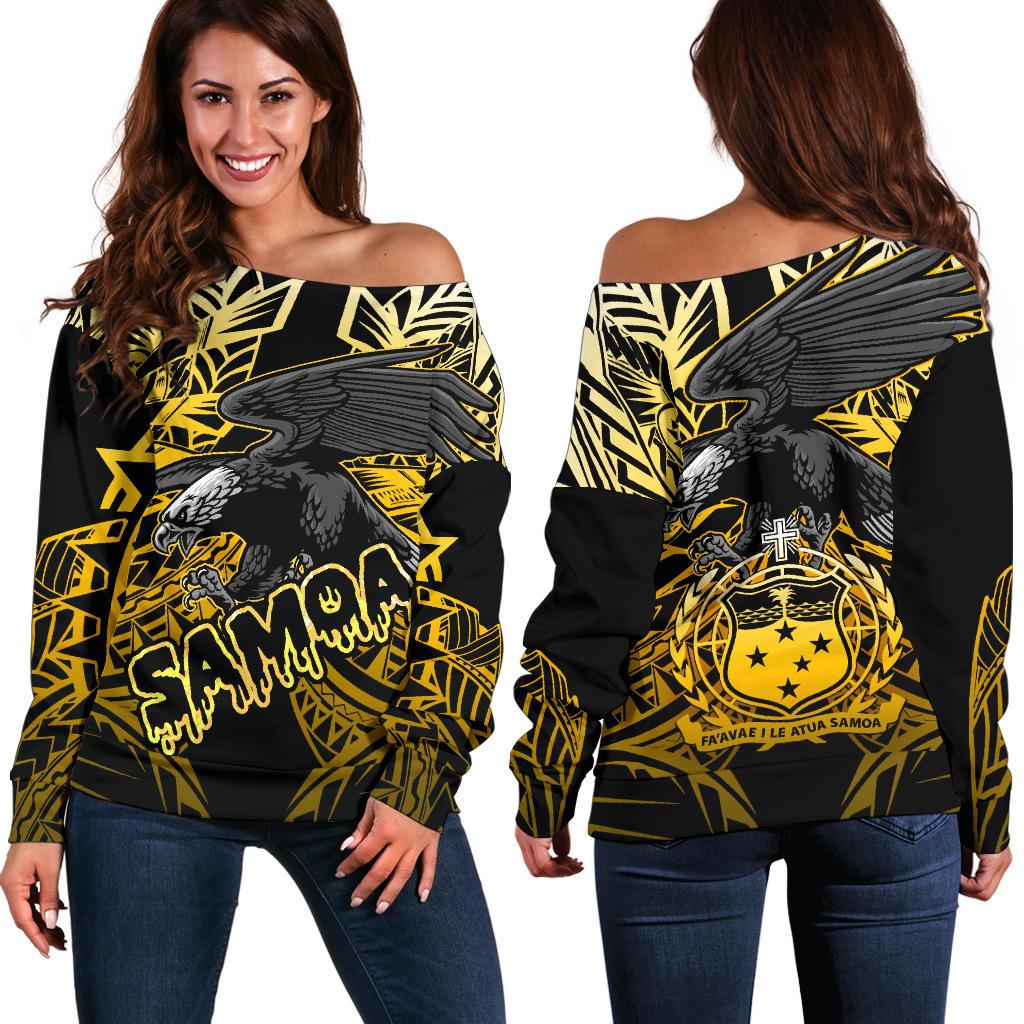Samoa Polynesian Women's Off Shoulder Sweater - Eagle Tribal Pattern Yellow Yellow - Polynesian Pride