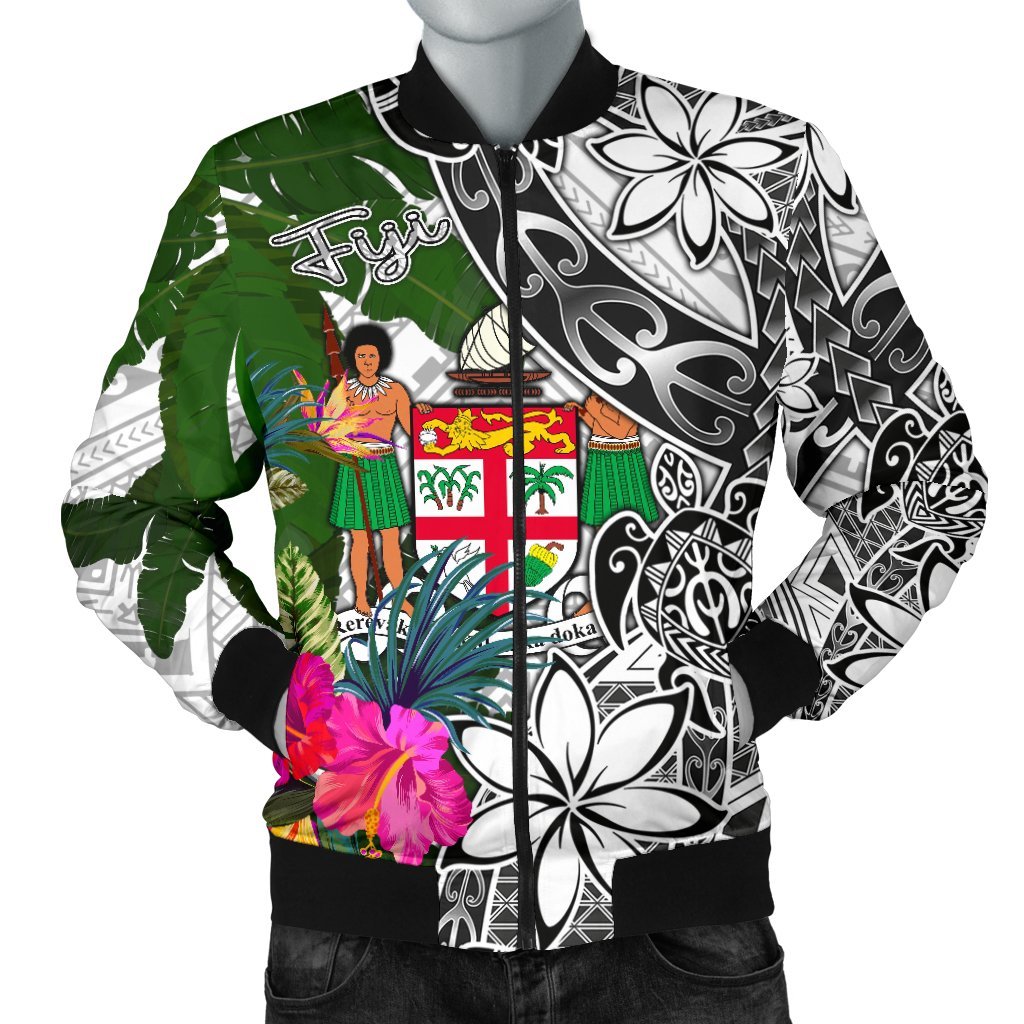 Fiji Men's Bomber Jacket White - Turtle Plumeria Banana Leaf Crest White - Polynesian Pride