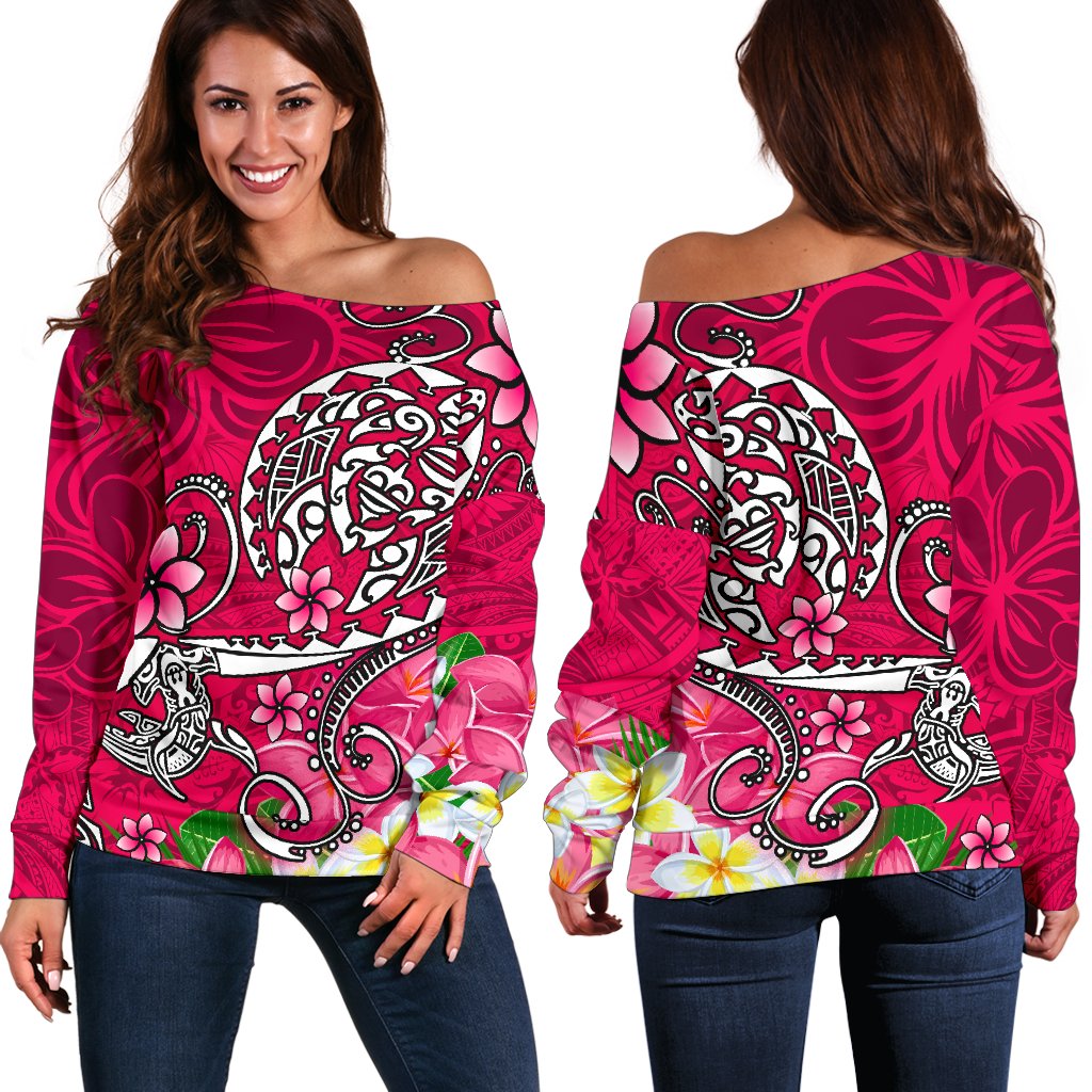 Polynesian Women's Off Shoulder Sweater - Turtle Plumeria Pink Color Pink - Polynesian Pride