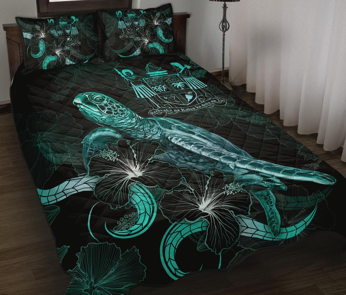 Fiji Polynesian Quilt Bed Set - Turtle With Blooming Hibiscus Turquoise Turquoise - Polynesian Pride